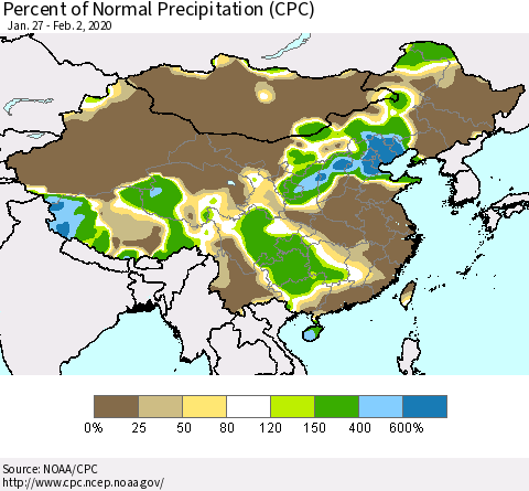 China, Mongolia and Taiwan Percent of Normal Precipitation (CPC) Thematic Map For 1/27/2020 - 2/2/2020