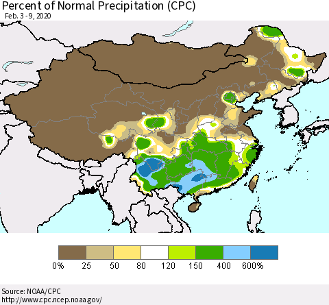 China, Mongolia and Taiwan Percent of Normal Precipitation (CPC) Thematic Map For 2/3/2020 - 2/9/2020