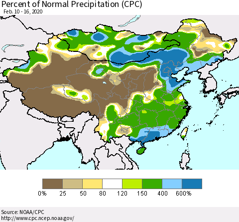 China, Mongolia and Taiwan Percent of Normal Precipitation (CPC) Thematic Map For 2/10/2020 - 2/16/2020