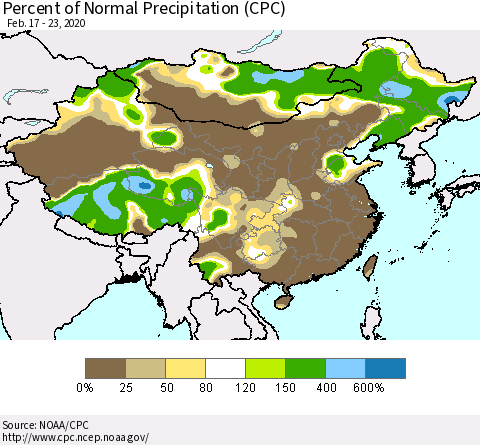 China, Mongolia and Taiwan Percent of Normal Precipitation (CPC) Thematic Map For 2/17/2020 - 2/23/2020
