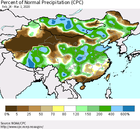 China, Mongolia and Taiwan Percent of Normal Precipitation (CPC) Thematic Map For 2/24/2020 - 3/1/2020