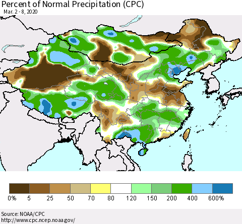 China, Mongolia and Taiwan Percent of Normal Precipitation (CPC) Thematic Map For 3/2/2020 - 3/8/2020