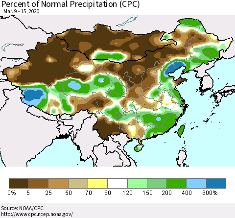 China, Mongolia and Taiwan Percent of Normal Precipitation (CPC) Thematic Map For 3/9/2020 - 3/15/2020