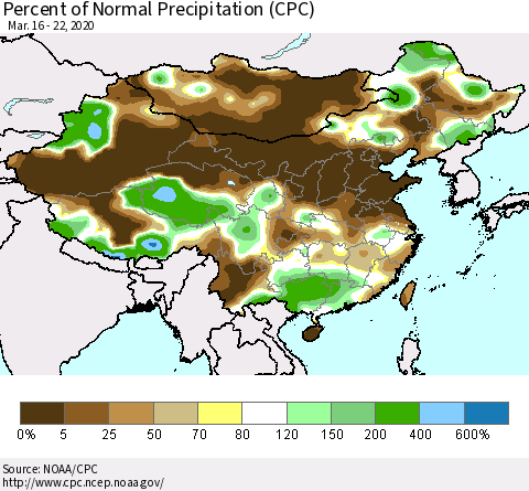 China, Mongolia and Taiwan Percent of Normal Precipitation (CPC) Thematic Map For 3/16/2020 - 3/22/2020