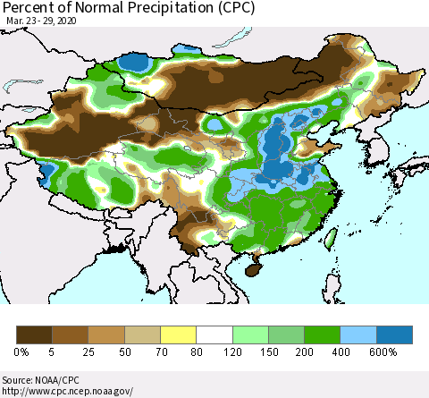 China, Mongolia and Taiwan Percent of Normal Precipitation (CPC) Thematic Map For 3/23/2020 - 3/29/2020
