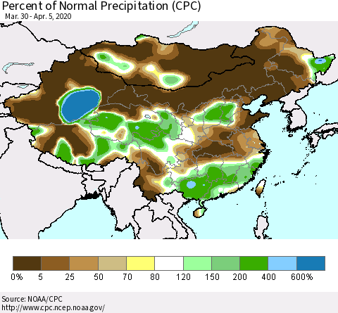 China, Mongolia and Taiwan Percent of Normal Precipitation (CPC) Thematic Map For 3/30/2020 - 4/5/2020
