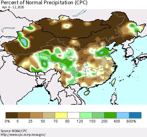 China, Mongolia and Taiwan Percent of Normal Precipitation (CPC) Thematic Map For 4/6/2020 - 4/12/2020
