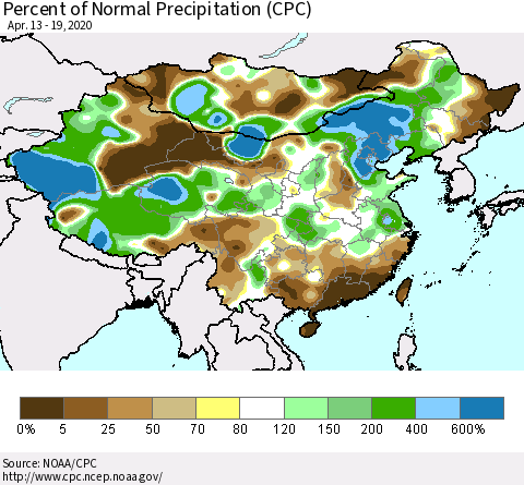 China, Mongolia and Taiwan Percent of Normal Precipitation (CPC) Thematic Map For 4/13/2020 - 4/19/2020