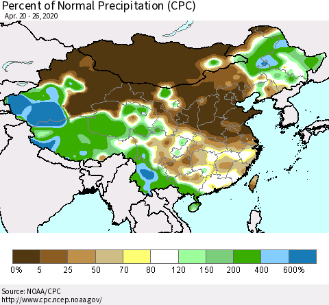 China, Mongolia and Taiwan Percent of Normal Precipitation (CPC) Thematic Map For 4/20/2020 - 4/26/2020