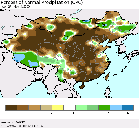 China, Mongolia and Taiwan Percent of Normal Precipitation (CPC) Thematic Map For 4/27/2020 - 5/3/2020