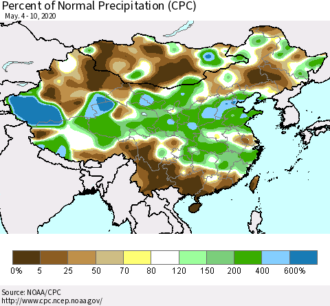China, Mongolia and Taiwan Percent of Normal Precipitation (CPC) Thematic Map For 5/4/2020 - 5/10/2020