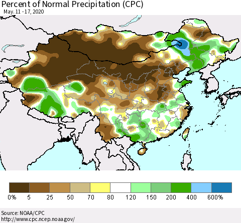 China, Mongolia and Taiwan Percent of Normal Precipitation (CPC) Thematic Map For 5/11/2020 - 5/17/2020