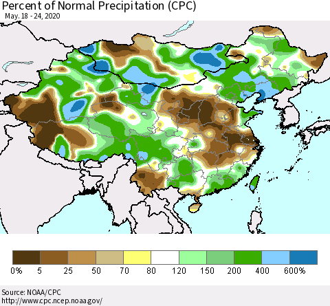 China, Mongolia and Taiwan Percent of Normal Precipitation (CPC) Thematic Map For 5/18/2020 - 5/24/2020