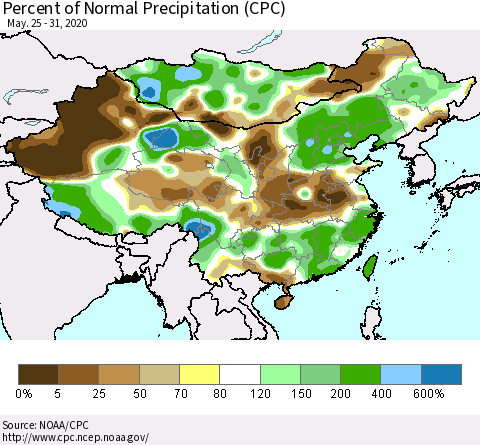 China, Mongolia and Taiwan Percent of Normal Precipitation (CPC) Thematic Map For 5/25/2020 - 5/31/2020