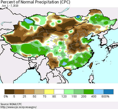 China, Mongolia and Taiwan Percent of Normal Precipitation (CPC) Thematic Map For 6/1/2020 - 6/7/2020