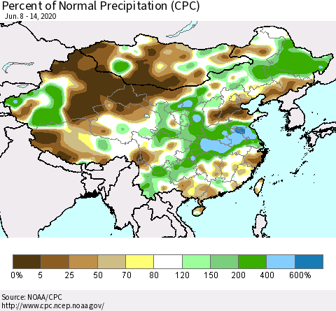 China, Mongolia and Taiwan Percent of Normal Precipitation (CPC) Thematic Map For 6/8/2020 - 6/14/2020