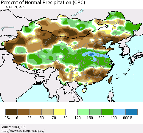 China, Mongolia and Taiwan Percent of Normal Precipitation (CPC) Thematic Map For 6/15/2020 - 6/21/2020