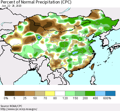 China, Mongolia and Taiwan Percent of Normal Precipitation (CPC) Thematic Map For 6/22/2020 - 6/28/2020