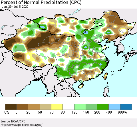 China, Mongolia and Taiwan Percent of Normal Precipitation (CPC) Thematic Map For 6/29/2020 - 7/5/2020
