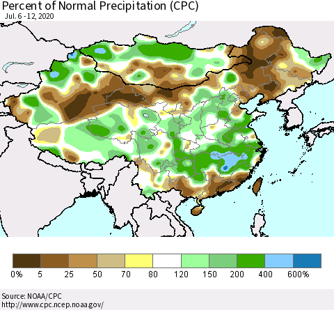 China, Mongolia and Taiwan Percent of Normal Precipitation (CPC) Thematic Map For 7/6/2020 - 7/12/2020