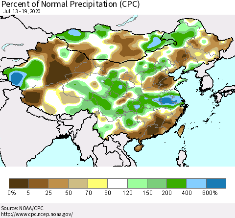 China, Mongolia and Taiwan Percent of Normal Precipitation (CPC) Thematic Map For 7/13/2020 - 7/19/2020