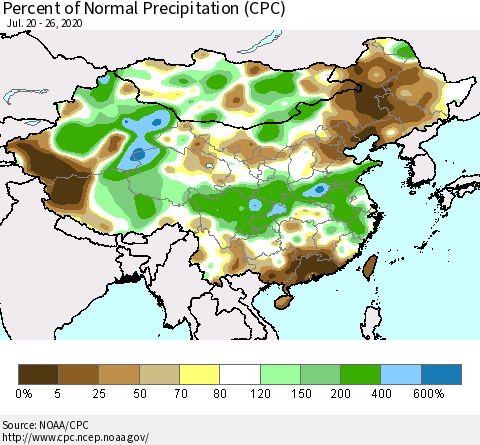 China, Mongolia and Taiwan Percent of Normal Precipitation (CPC) Thematic Map For 7/20/2020 - 7/26/2020