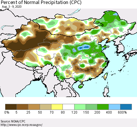 China, Mongolia and Taiwan Percent of Normal Precipitation (CPC) Thematic Map For 8/3/2020 - 8/9/2020