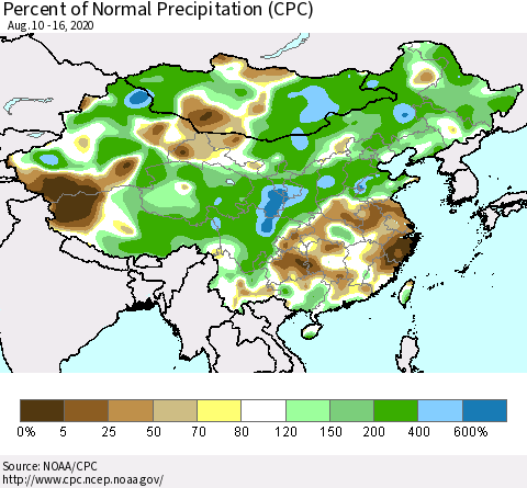 China, Mongolia and Taiwan Percent of Normal Precipitation (CPC) Thematic Map For 8/10/2020 - 8/16/2020