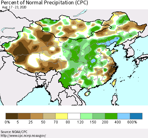 China, Mongolia and Taiwan Percent of Normal Precipitation (CPC) Thematic Map For 8/17/2020 - 8/23/2020