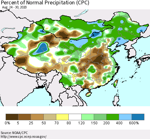 China, Mongolia and Taiwan Percent of Normal Precipitation (CPC) Thematic Map For 8/24/2020 - 8/30/2020