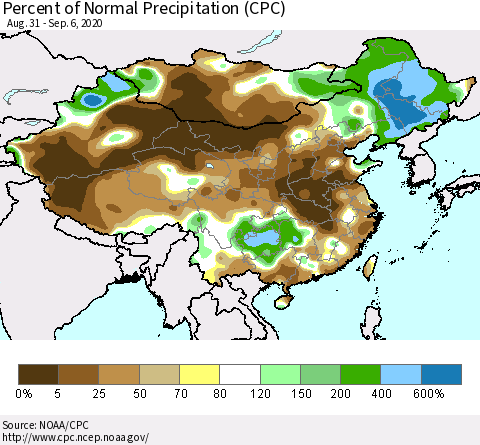 China, Mongolia and Taiwan Percent of Normal Precipitation (CPC) Thematic Map For 8/31/2020 - 9/6/2020