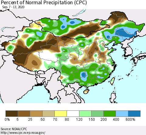 China and Taiwan Percent of Normal Precipitation (CPC) Thematic Map For 9/7/2020 - 9/13/2020