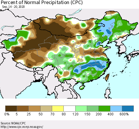 China and Taiwan Percent of Normal Precipitation (CPC) Thematic Map For 9/14/2020 - 9/20/2020
