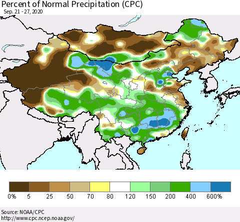 China and Taiwan Percent of Normal Precipitation (CPC) Thematic Map For 9/21/2020 - 9/27/2020