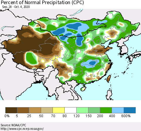China, Mongolia and Taiwan Percent of Normal Precipitation (CPC) Thematic Map For 9/28/2020 - 10/4/2020