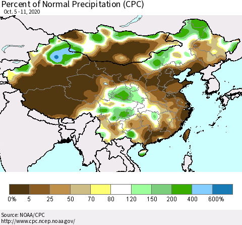China, Mongolia and Taiwan Percent of Normal Precipitation (CPC) Thematic Map For 10/5/2020 - 10/11/2020