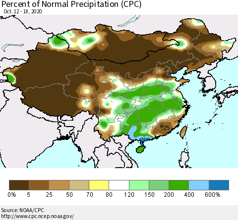 China, Mongolia and Taiwan Percent of Normal Precipitation (CPC) Thematic Map For 10/12/2020 - 10/18/2020