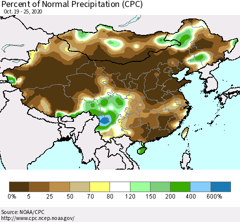 China and Taiwan Percent of Normal Precipitation (CPC) Thematic Map For 10/19/2020 - 10/25/2020