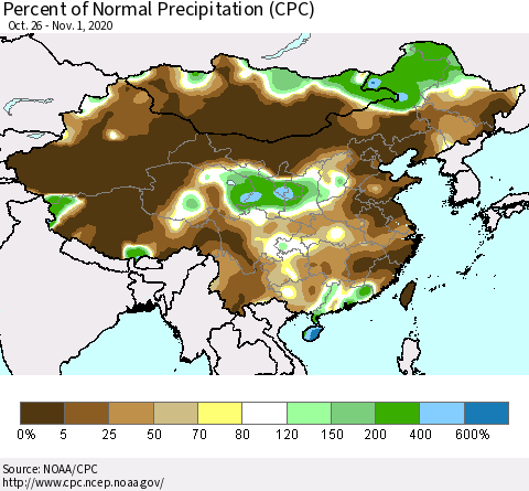 China, Mongolia and Taiwan Percent of Normal Precipitation (CPC) Thematic Map For 10/26/2020 - 11/1/2020