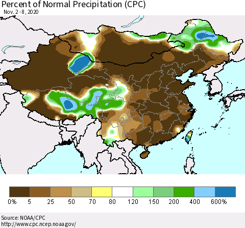 China and Taiwan Percent of Normal Precipitation (CPC) Thematic Map For 11/2/2020 - 11/8/2020