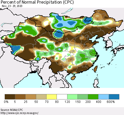 China and Taiwan Percent of Normal Precipitation (CPC) Thematic Map For 11/23/2020 - 11/29/2020