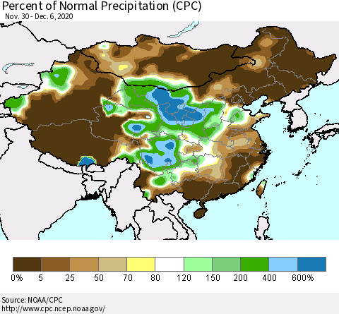 China and Taiwan Percent of Normal Precipitation (CPC) Thematic Map For 11/30/2020 - 12/6/2020