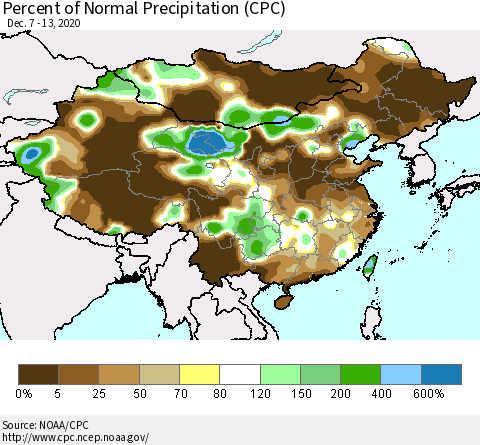China and Taiwan Percent of Normal Precipitation (CPC) Thematic Map For 12/7/2020 - 12/13/2020