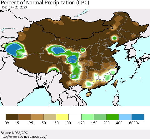China and Taiwan Percent of Normal Precipitation (CPC) Thematic Map For 12/14/2020 - 12/20/2020