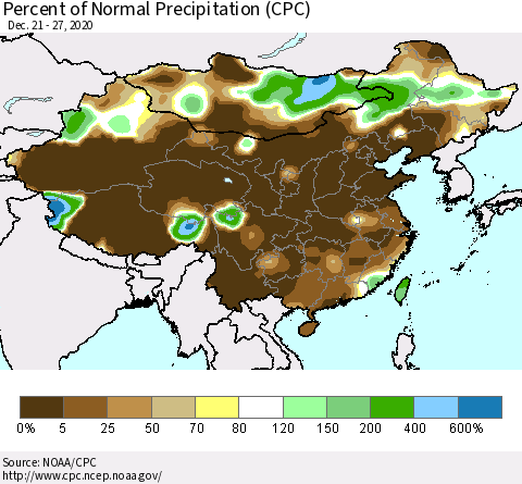 China, Mongolia and Taiwan Percent of Normal Precipitation (CPC) Thematic Map For 12/21/2020 - 12/27/2020