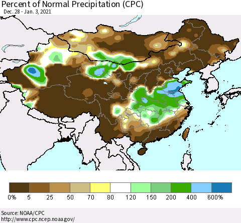 China and Taiwan Percent of Normal Precipitation (CPC) Thematic Map For 12/28/2020 - 1/3/2021