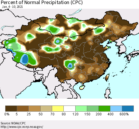 China and Taiwan Percent of Normal Precipitation (CPC) Thematic Map For 1/4/2021 - 1/10/2021
