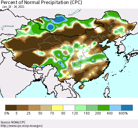 China and Taiwan Percent of Normal Precipitation (CPC) Thematic Map For 1/18/2021 - 1/24/2021