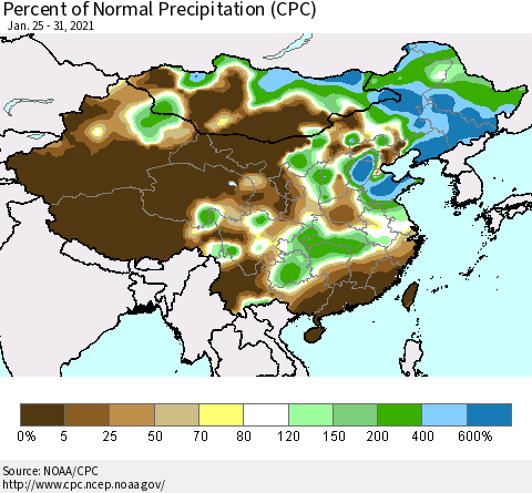 China and Taiwan Percent of Normal Precipitation (CPC) Thematic Map For 1/25/2021 - 1/31/2021