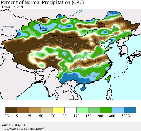 China and Taiwan Percent of Normal Precipitation (CPC) Thematic Map For 2/8/2021 - 2/14/2021